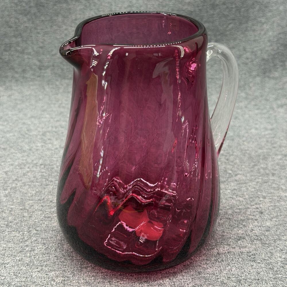 Vintage Pilgrim Cranberry Glass Optic Swirl Pitcher Creamer Handmade w/ Gold USA